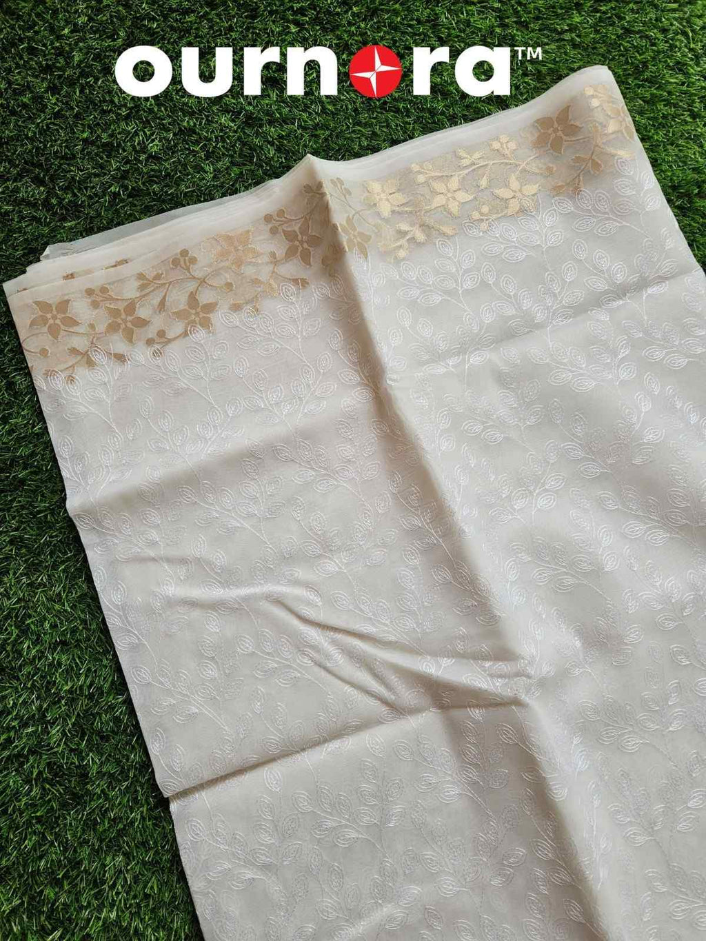 O11Q001- Pure White Organza Saree with Golden Border