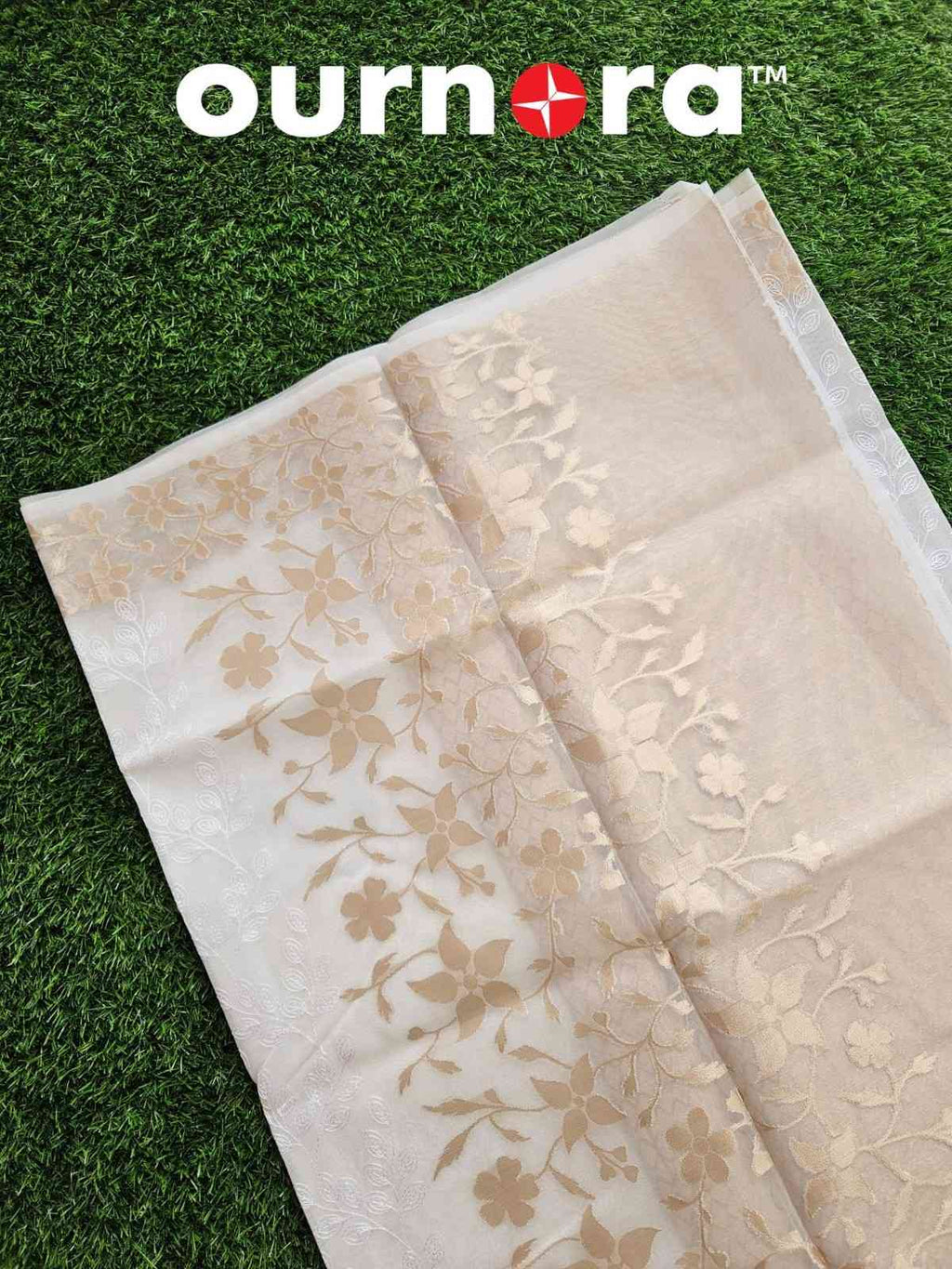 O11Q001- Pure White Organza Saree with Golden Border